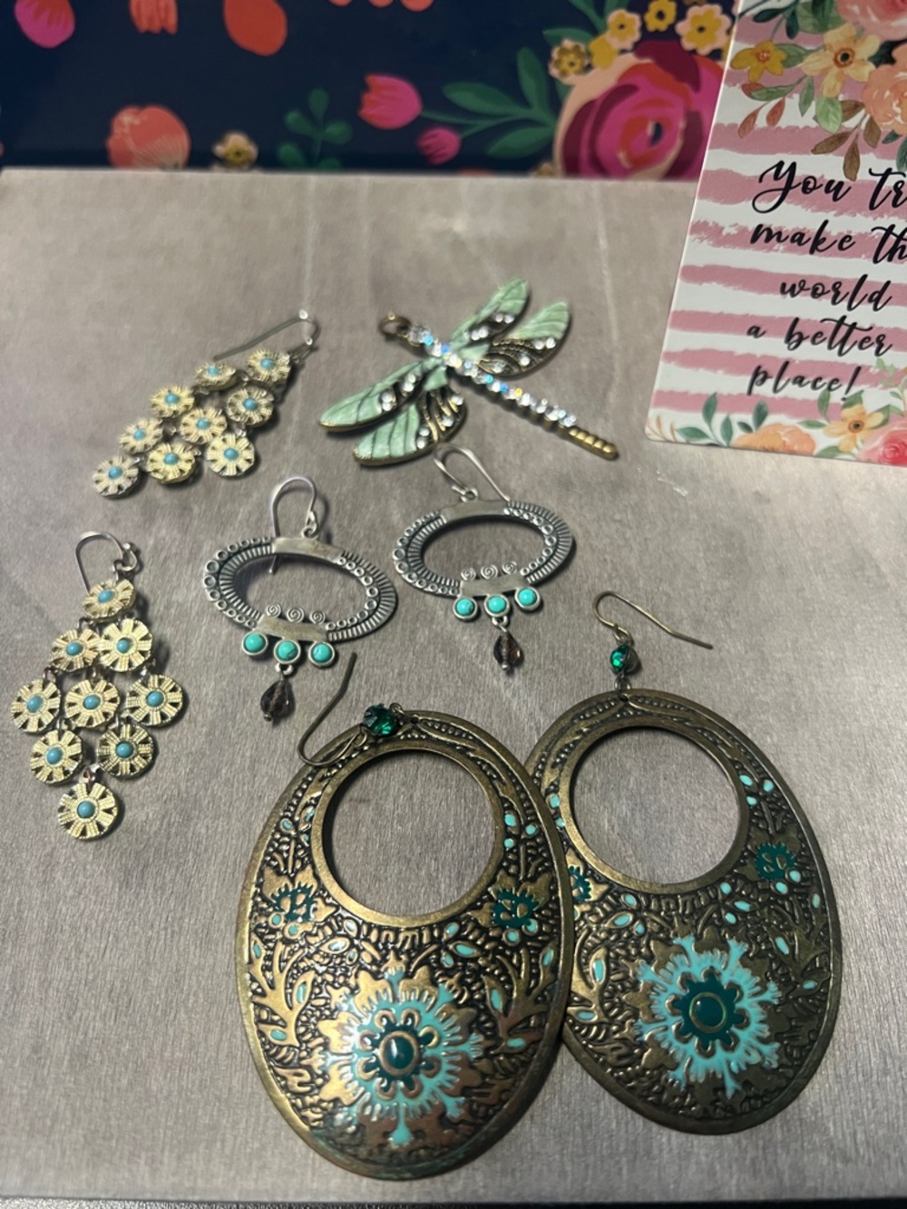 Boho Turquoise Floral Filigree Statement Earrings (Set)